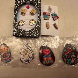 Teacher-Themed Earrings & Wooden Dangle Charms - Bright Multi Color Set